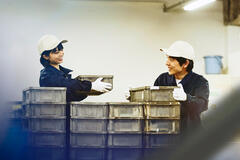 Two colleagues wearing white caps and safety gloves moving boxes in a warehouse.